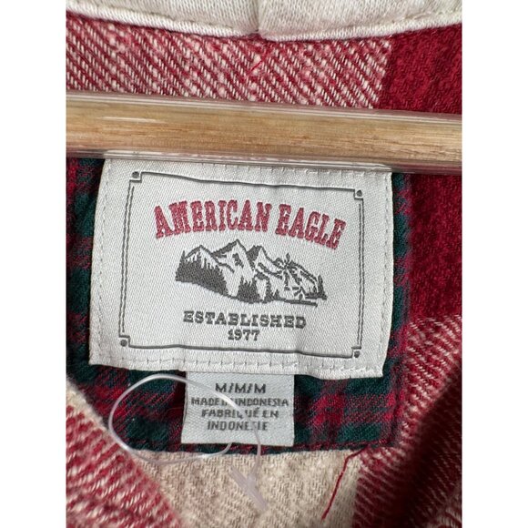 American Eagle hooded plaid crop relaxed button top red preppy sz M - Picture 3 of 7
